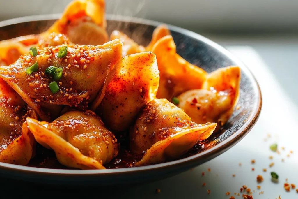 Chicken Wontons in Spicy Chili Sauce